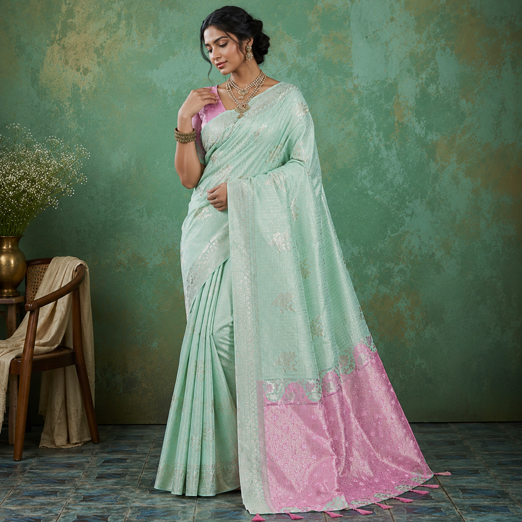 Green & Pink  Linen Cotton Saree