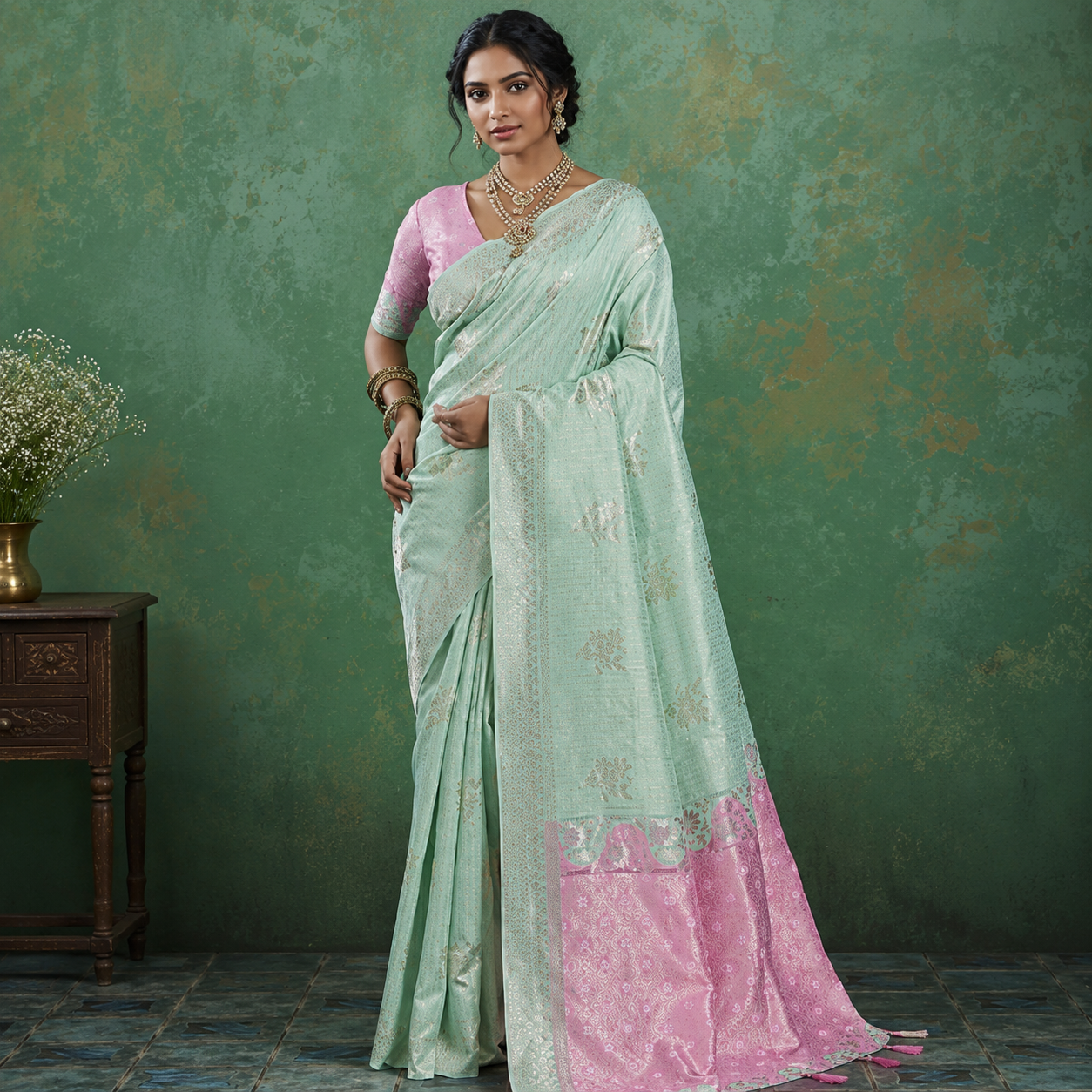 Green & Pink  Linen Cotton Saree