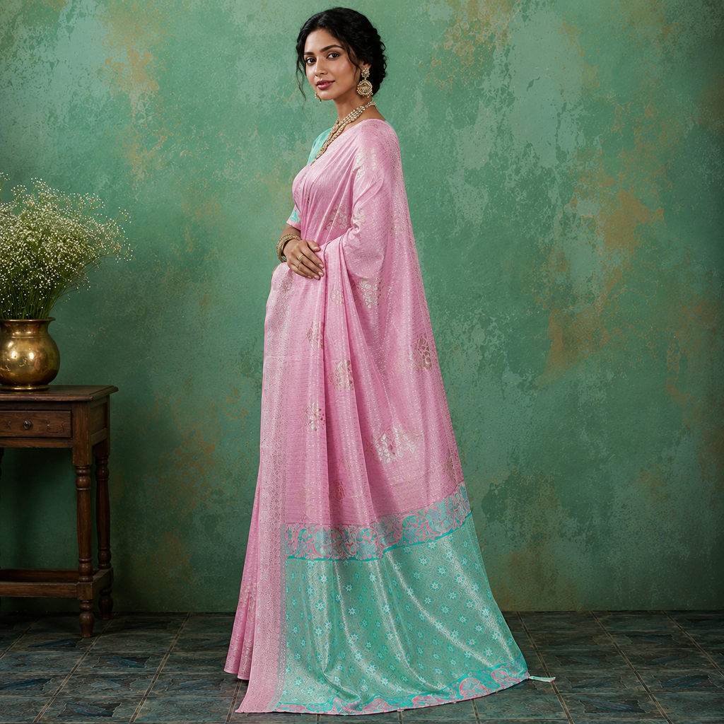 Radiant Pink & Sea Green Linen Cotton Saree