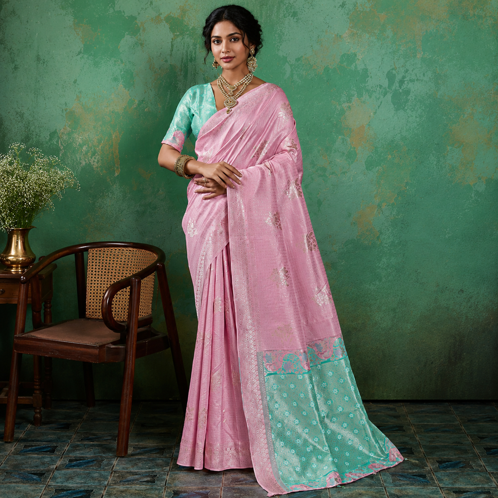 Radiant Pink & Sea Green Linen Cotton Saree
