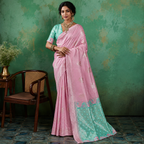 Radiant Pink & Sea Green Linen Cotton Saree