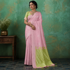 Chic Pink & Green Linen Cotton Saree