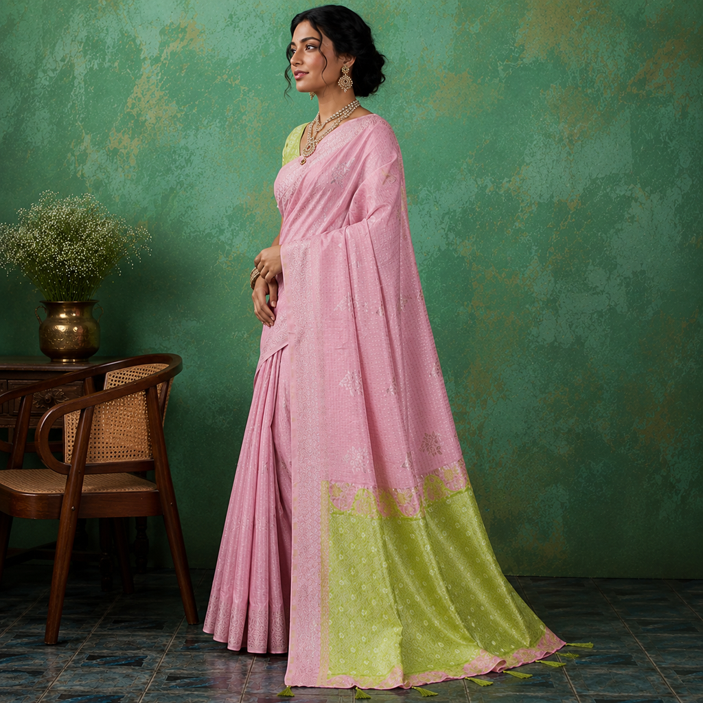 Chic Pink & Green Linen Cotton Saree