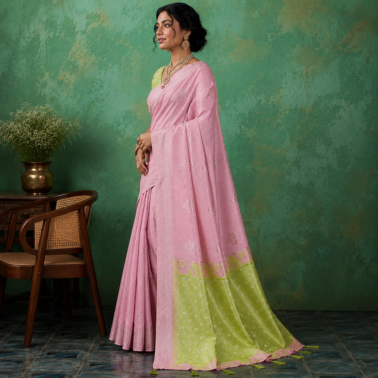 Chic Pink & Green Linen Cotton Saree