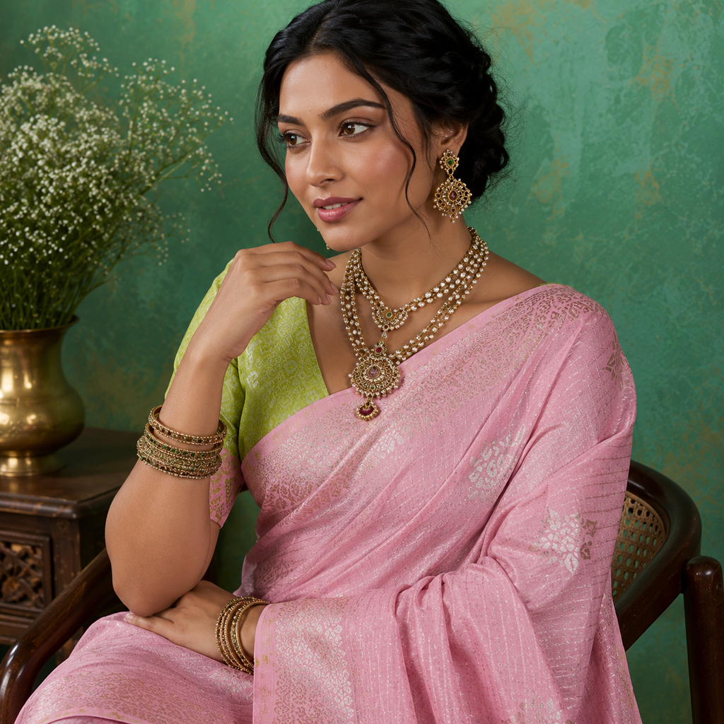 Chic Pink & Green Linen Cotton Saree