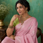 Chic Pink & Green Linen Cotton Saree