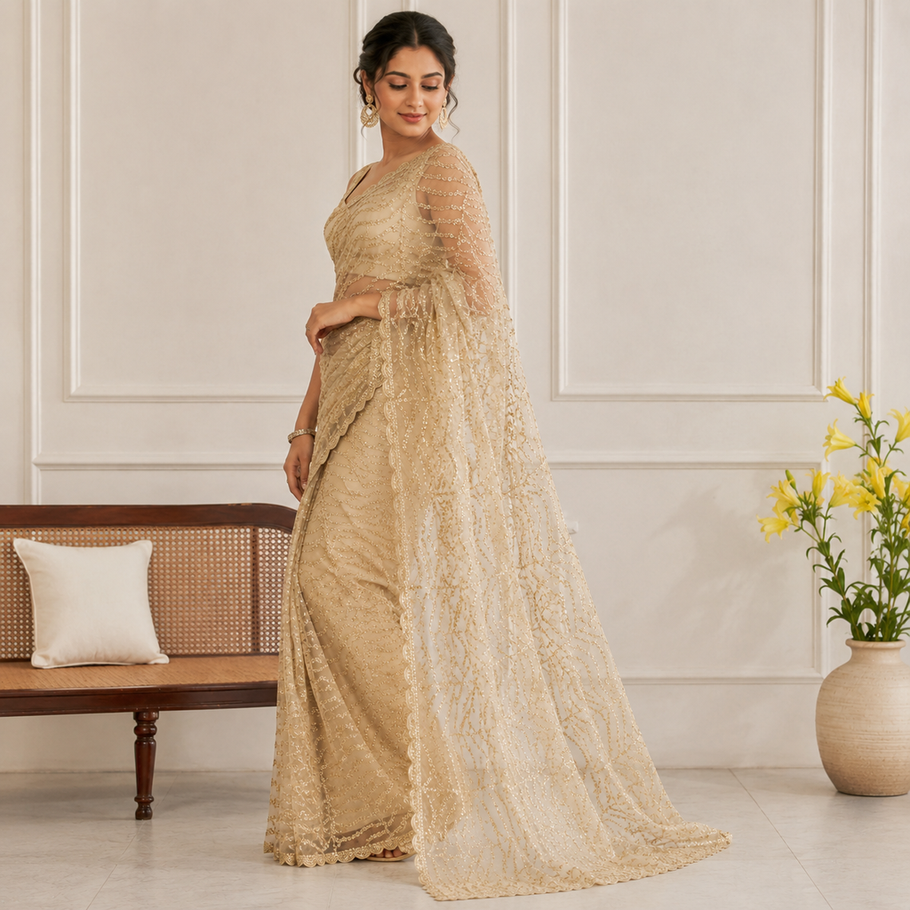 Gold Sequin Embellished Net Saree