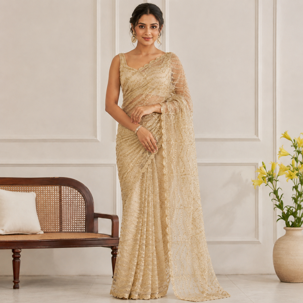 Gold Sequin Embellished Net Saree