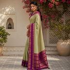 Olive Green & Purple Silk Saree
