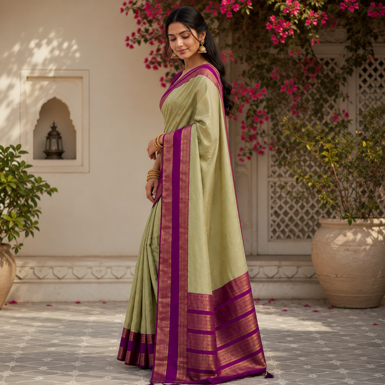 Olive Green & Purple Silk Saree