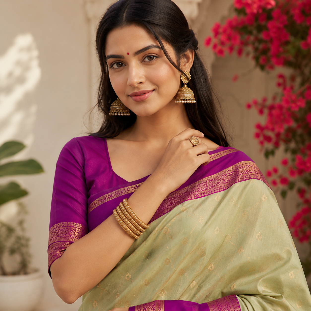 Olive Green & Purple Silk Saree