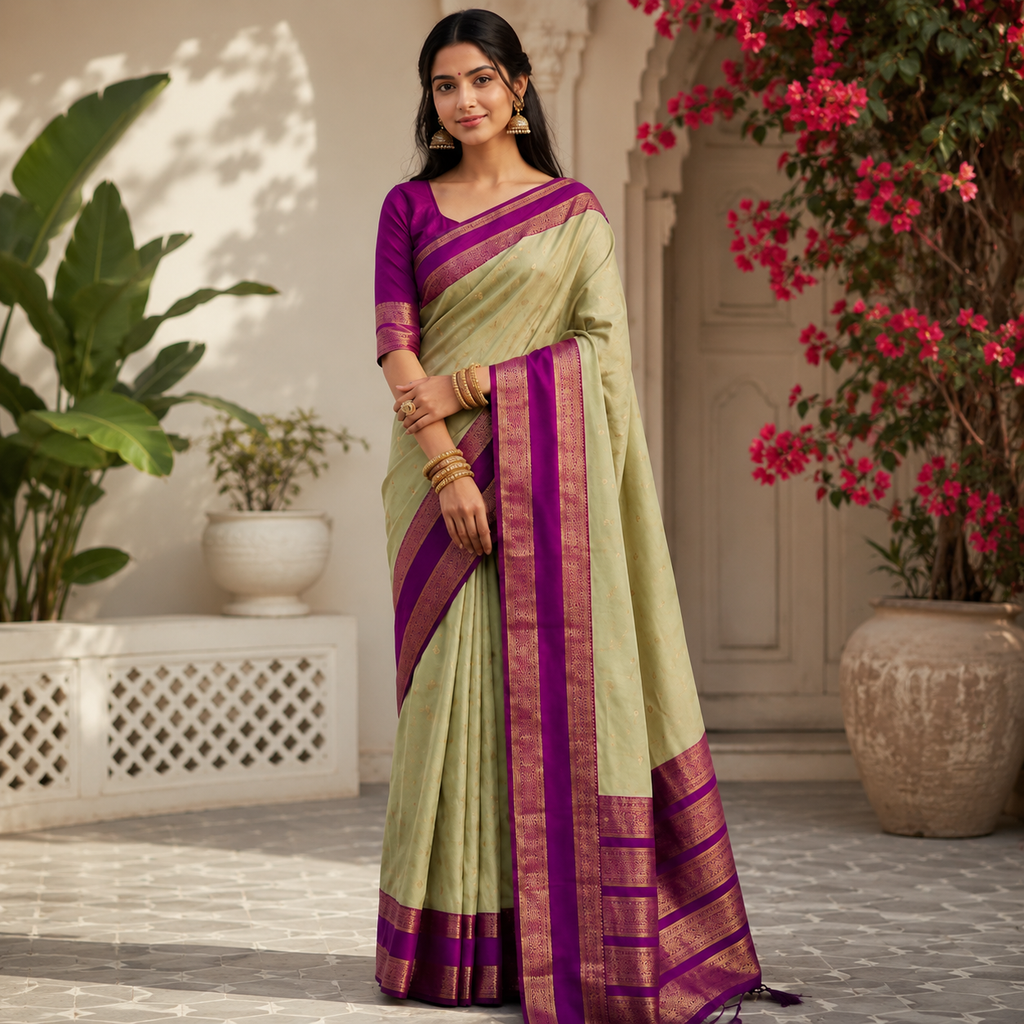 Olive Green & Purple Silk Saree