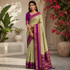 Olive Green & Purple Silk Saree