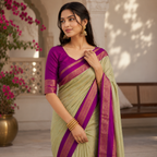 Olive Green & Purple Silk Saree