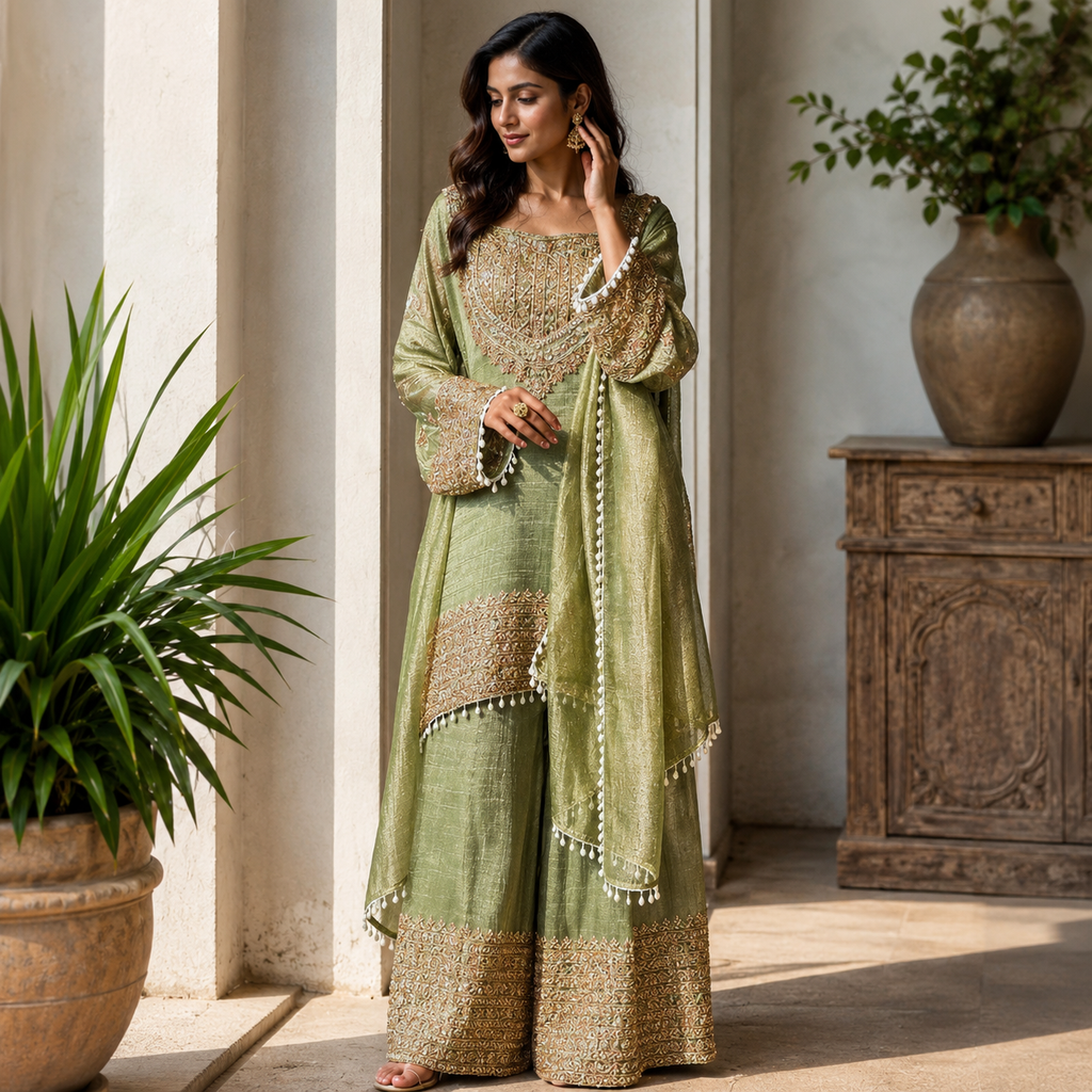 Green Silk Gharara Suit Set