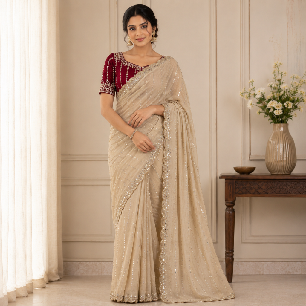 Beige Embellished Georgette Saree