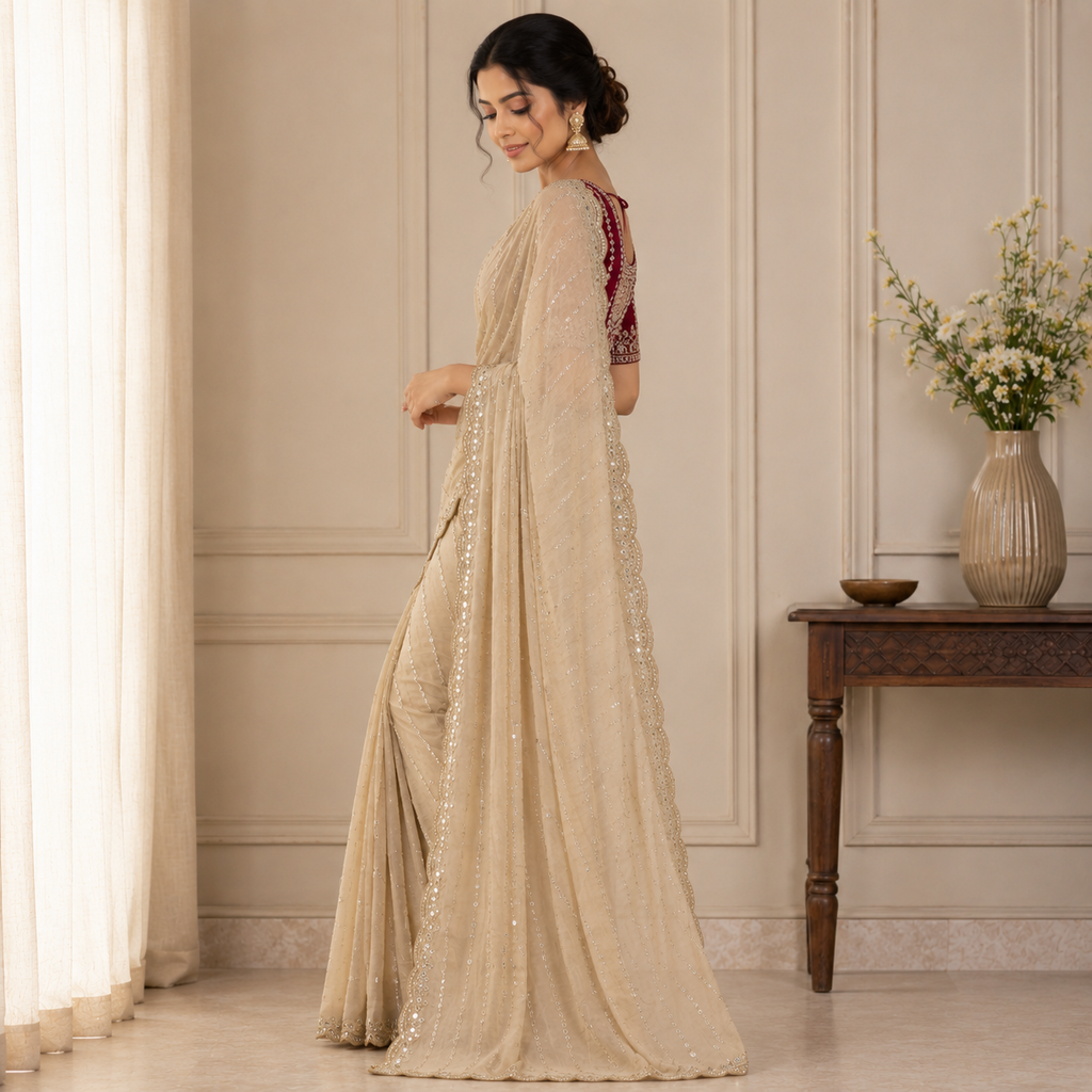 Beige Embellished Georgette Saree