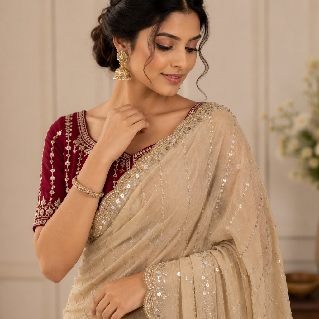 Beige Embellished Georgette Saree