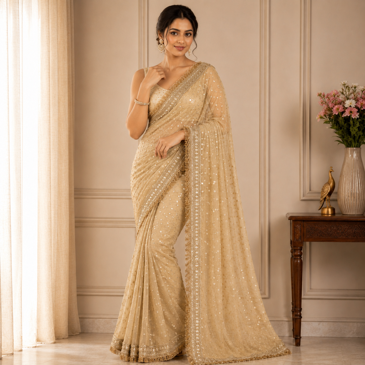 Beige Embellished Silk Saree