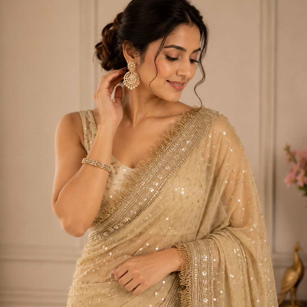Beige Embellished Silk Saree