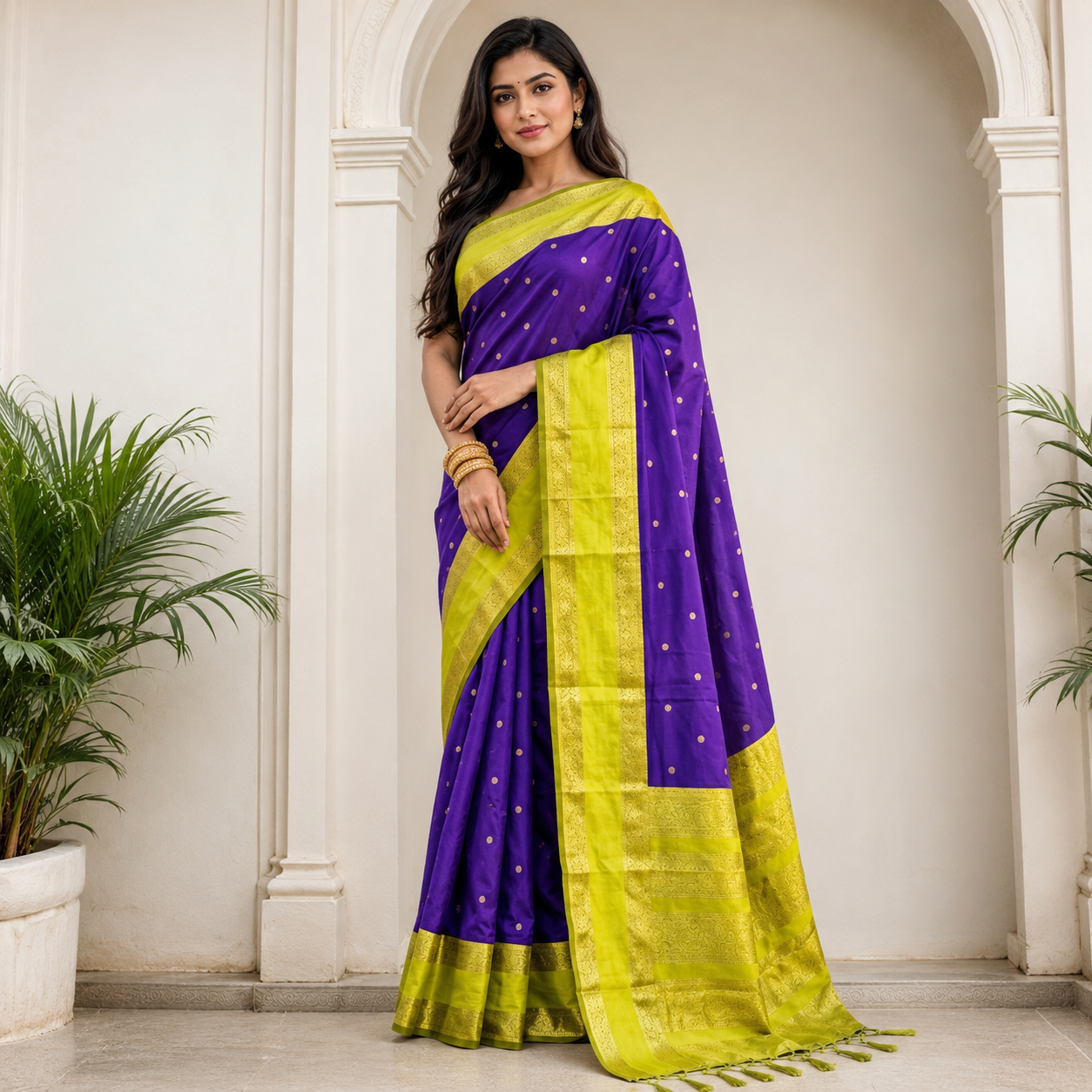 Purple & Lime Green Silk Saree