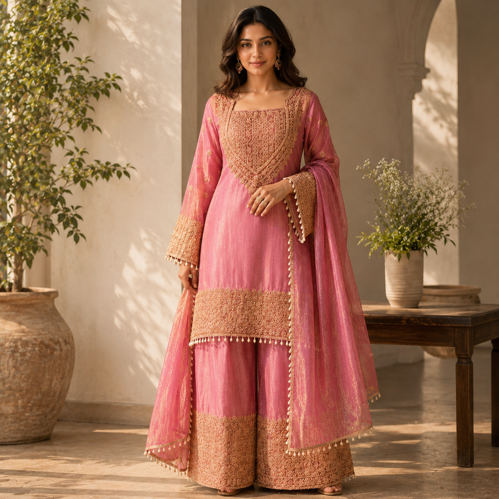 Pink Silk Gharara Suit Set