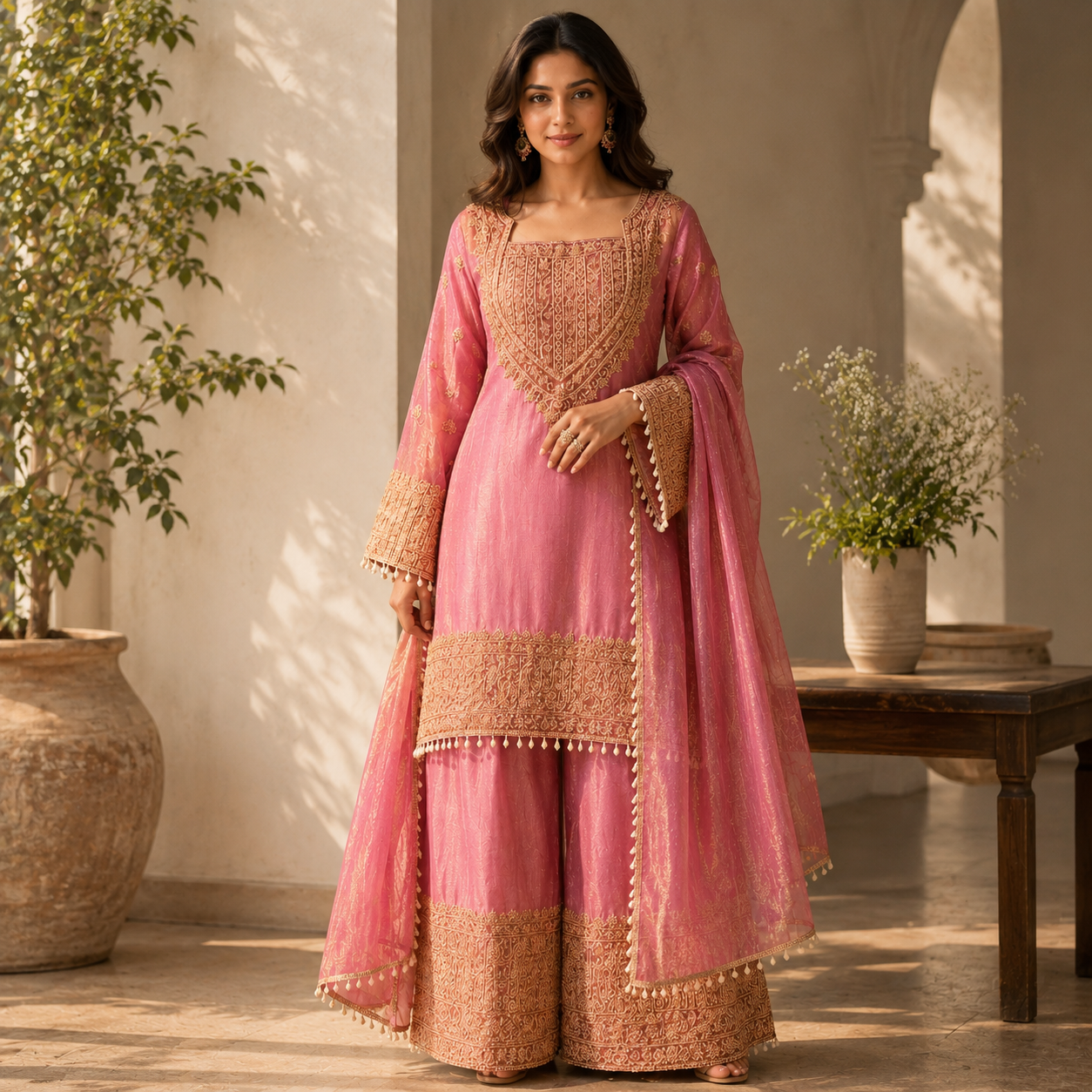 Pink Silk Gharara Suit Set