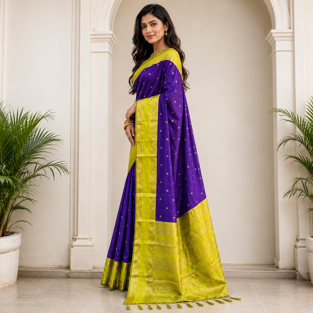 Purple & Lime Green Silk Saree