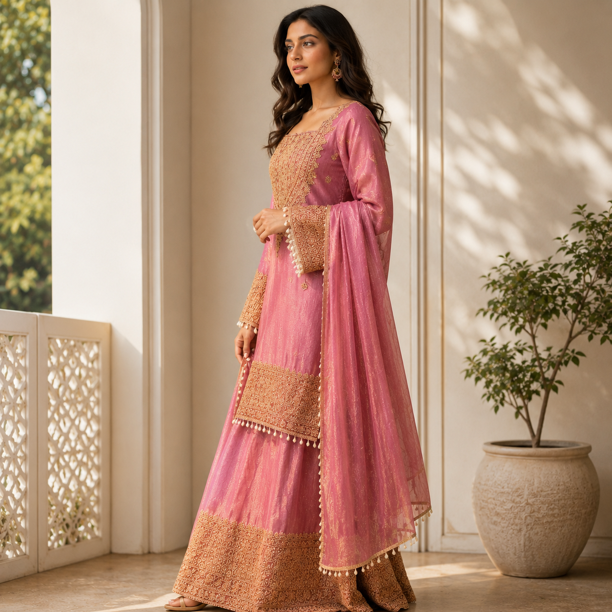 Pink Silk Gharara Suit Set