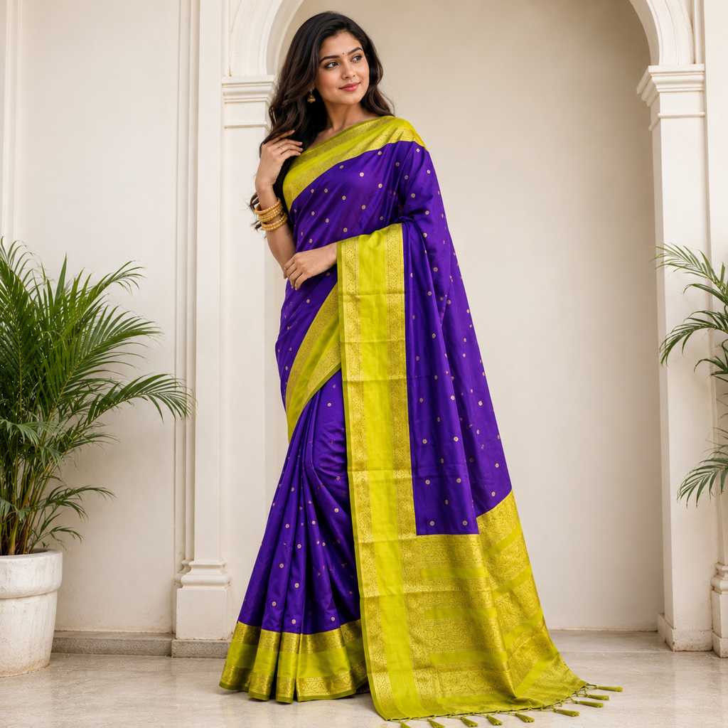Purple & Lime Green Silk Saree