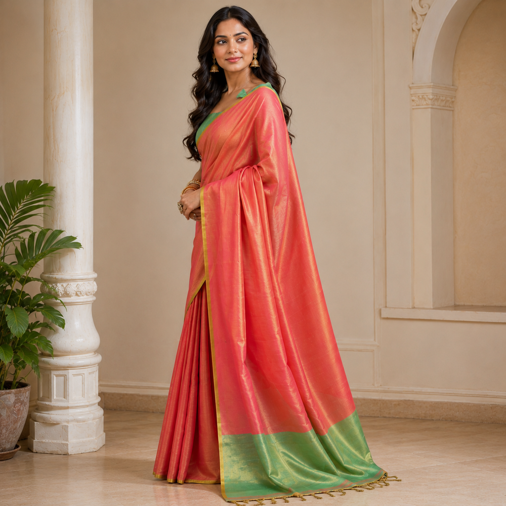 Coral Peach & Green Tissue Silk Saree