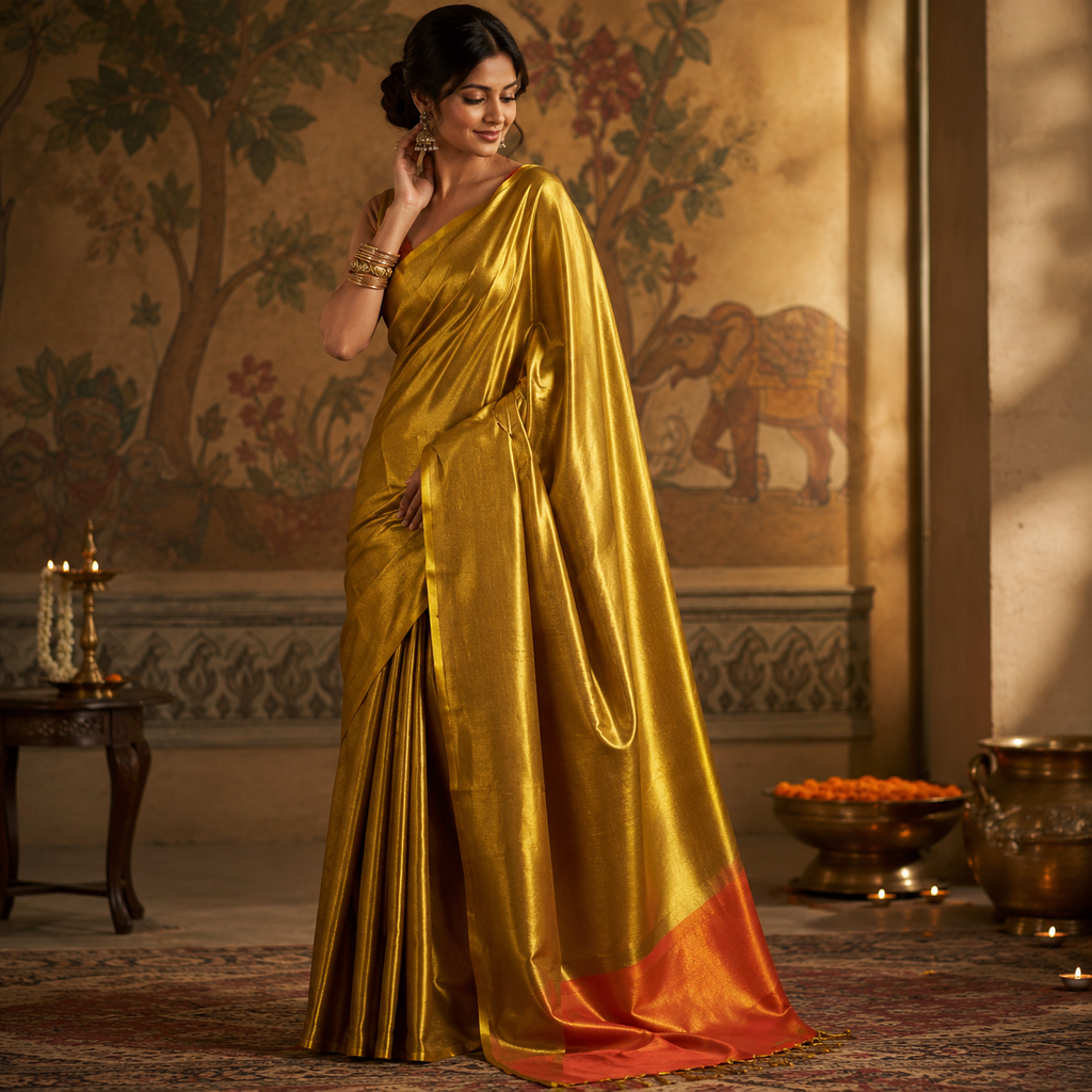 Golden Yellow & Orange Tissue Silk Saree