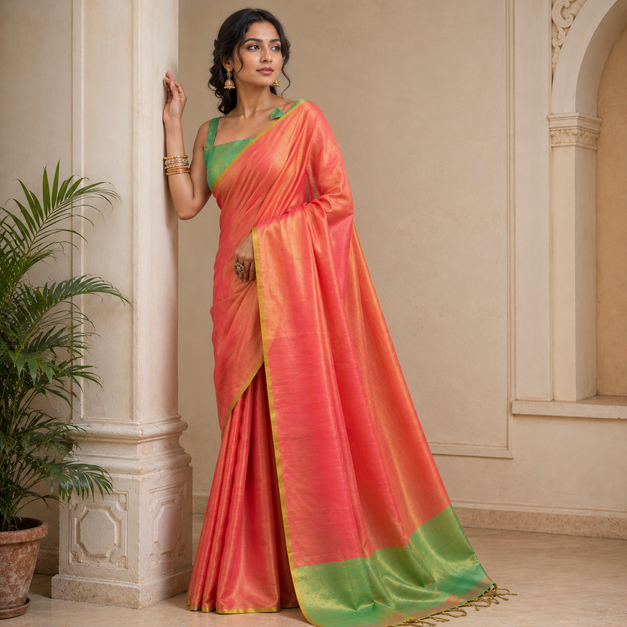 Coral Peach & Green Tissue Silk Saree