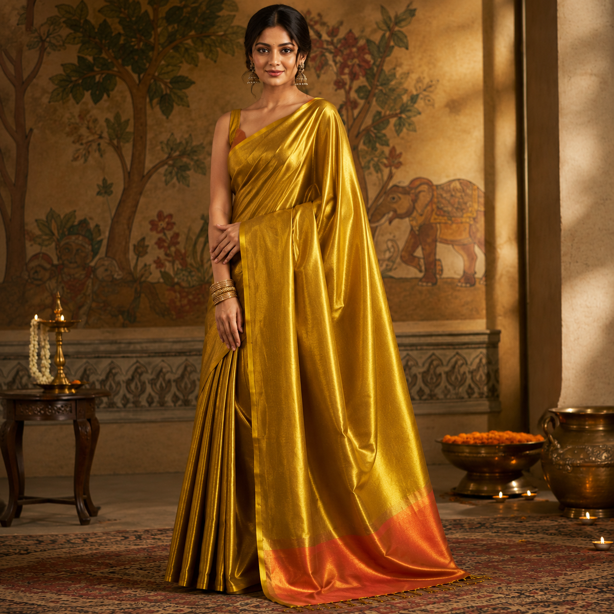 Golden Yellow & Orange Tissue Silk Saree