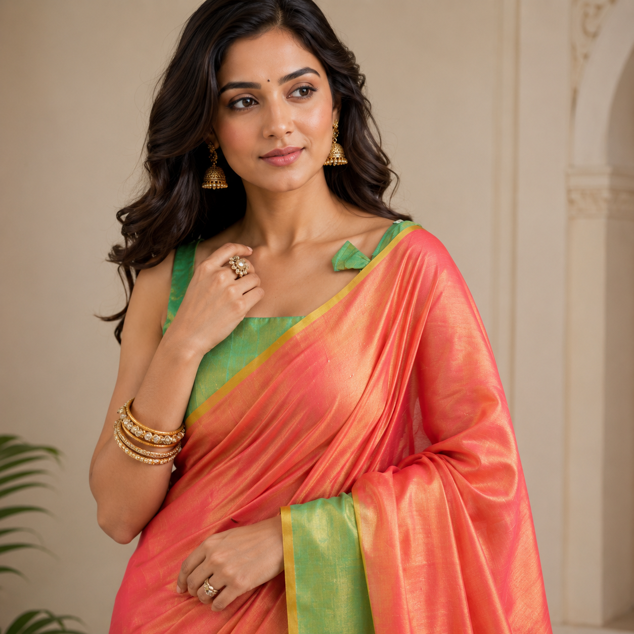 Coral Peach & Green Tissue Silk Saree