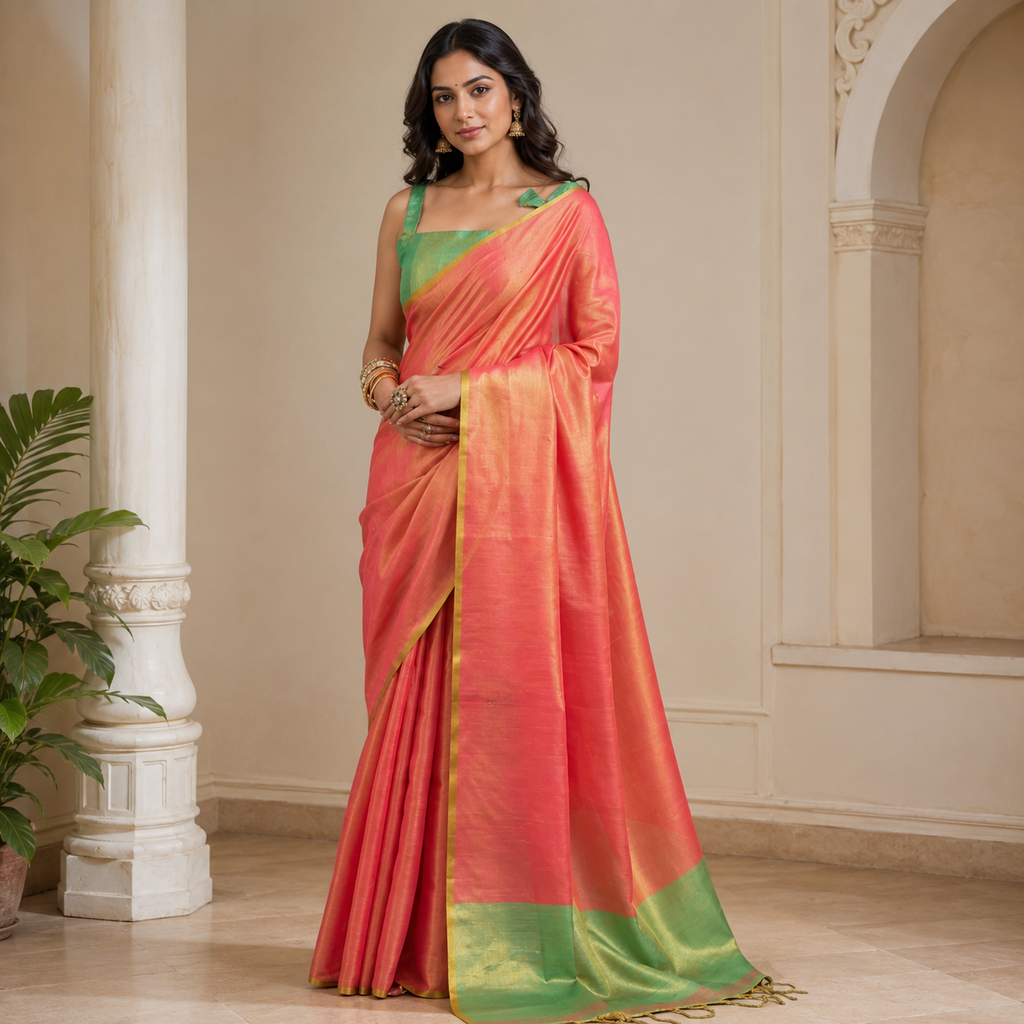 Coral Peach & Green Tissue Silk Saree