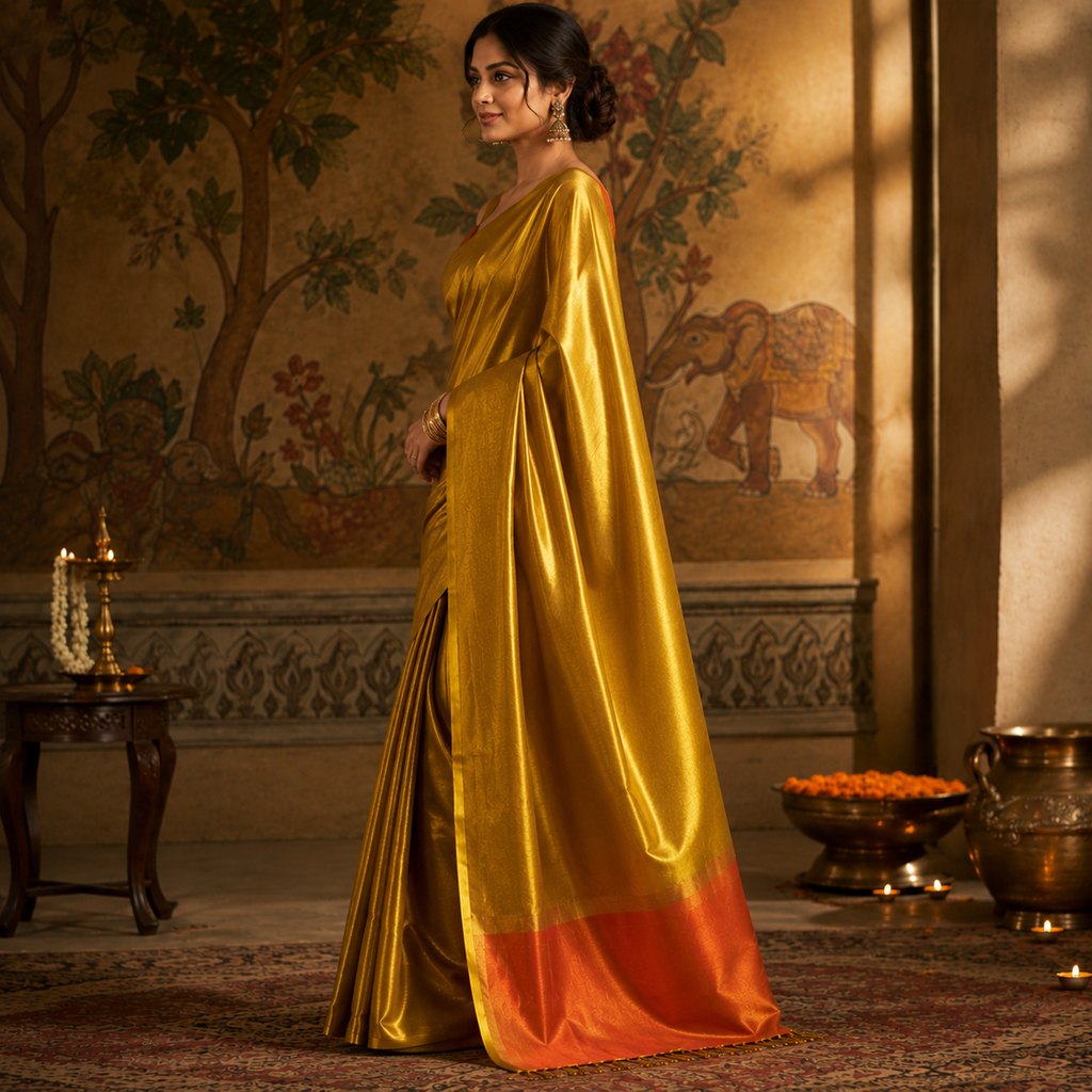 Golden Yellow & Orange Tissue Silk Saree