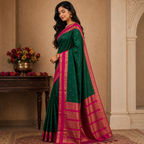 Emerald Green & Pink Silk Saree