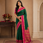 Emerald Green & Pink Silk Saree