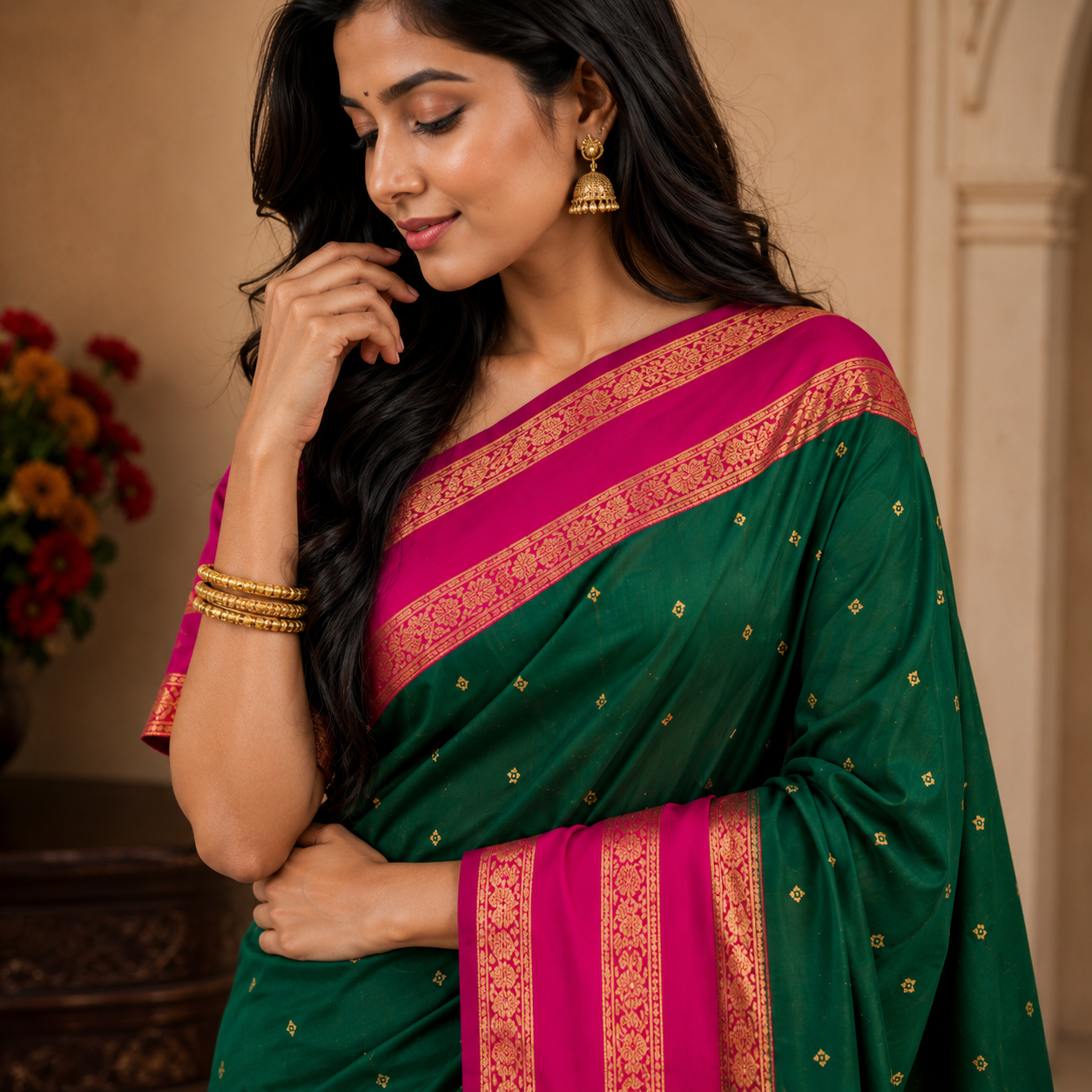 Emerald Green & Pink Silk Saree