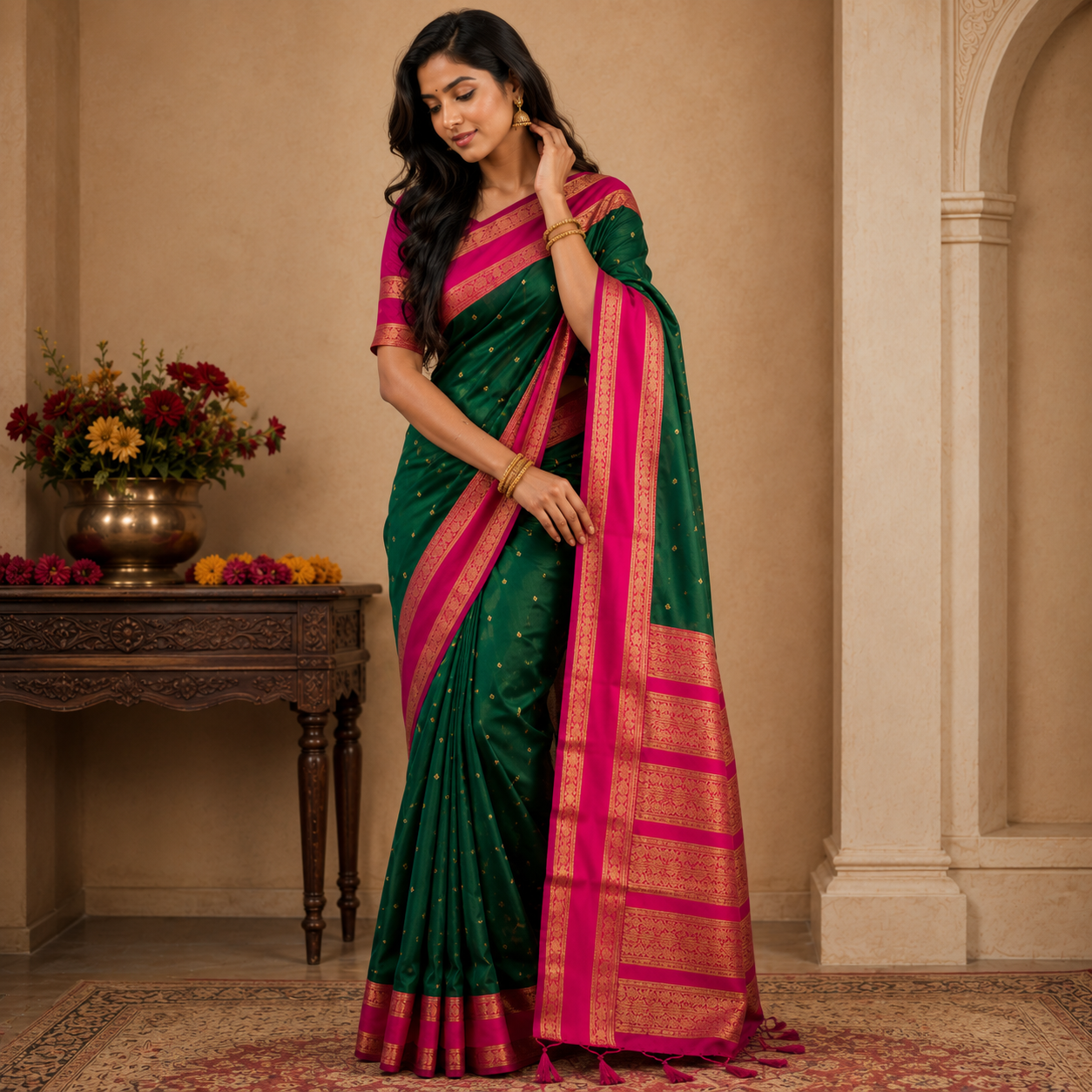 Emerald Green & Pink Silk Saree