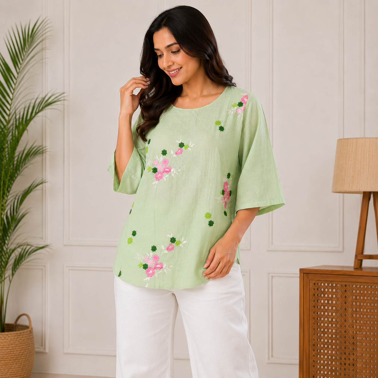 Floral Embroidered Green Top