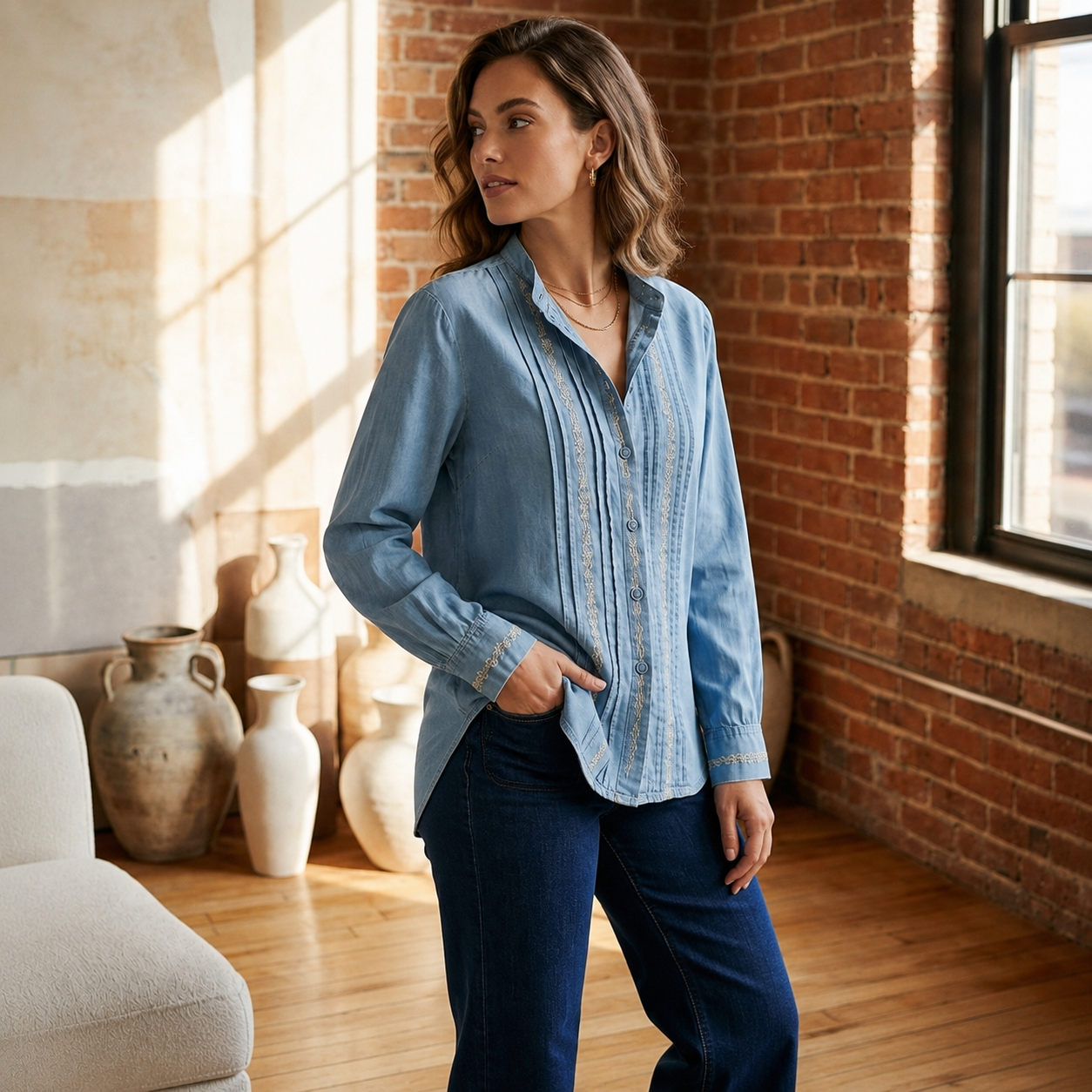 Embroidered Mandarin Collar Top
