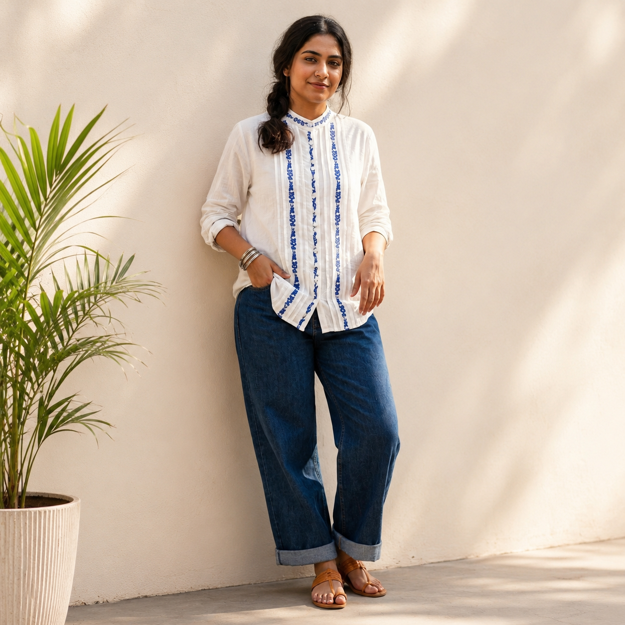 Embroidered Mandarin Collar Top