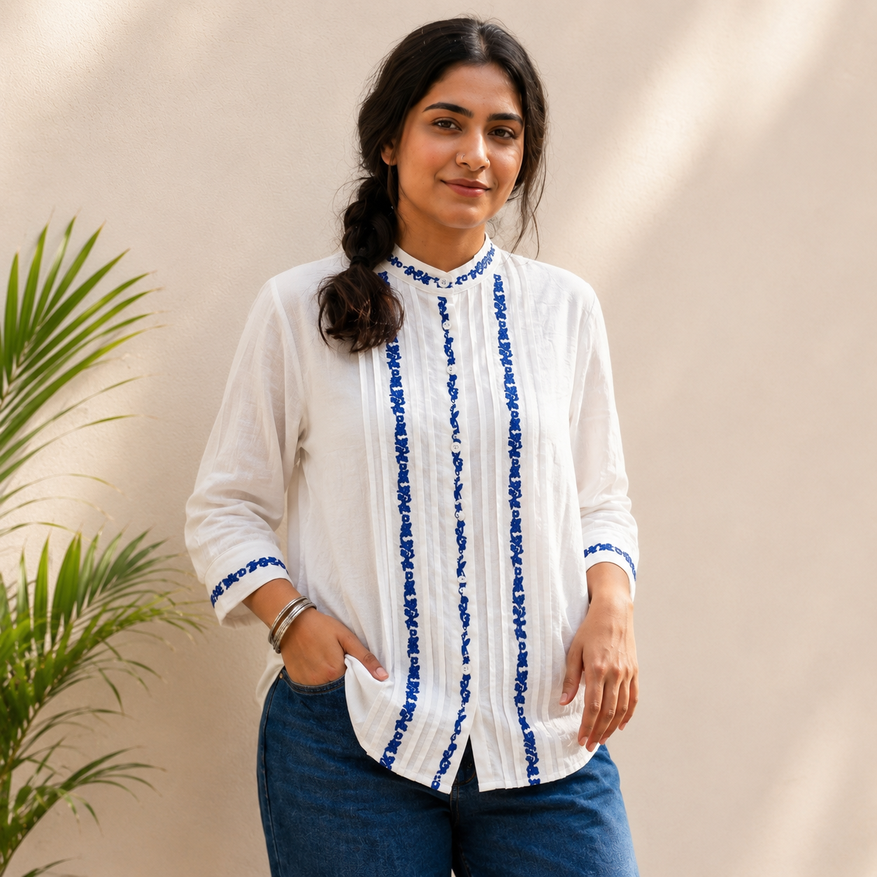 Embroidered Mandarin Collar Top