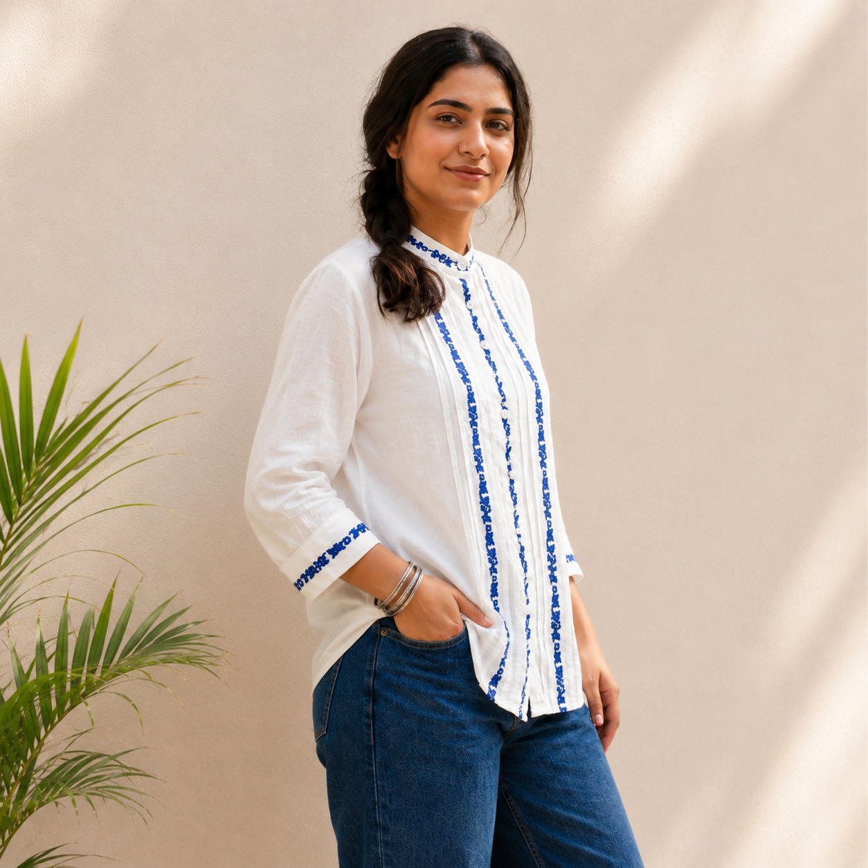 Embroidered Mandarin Collar Top