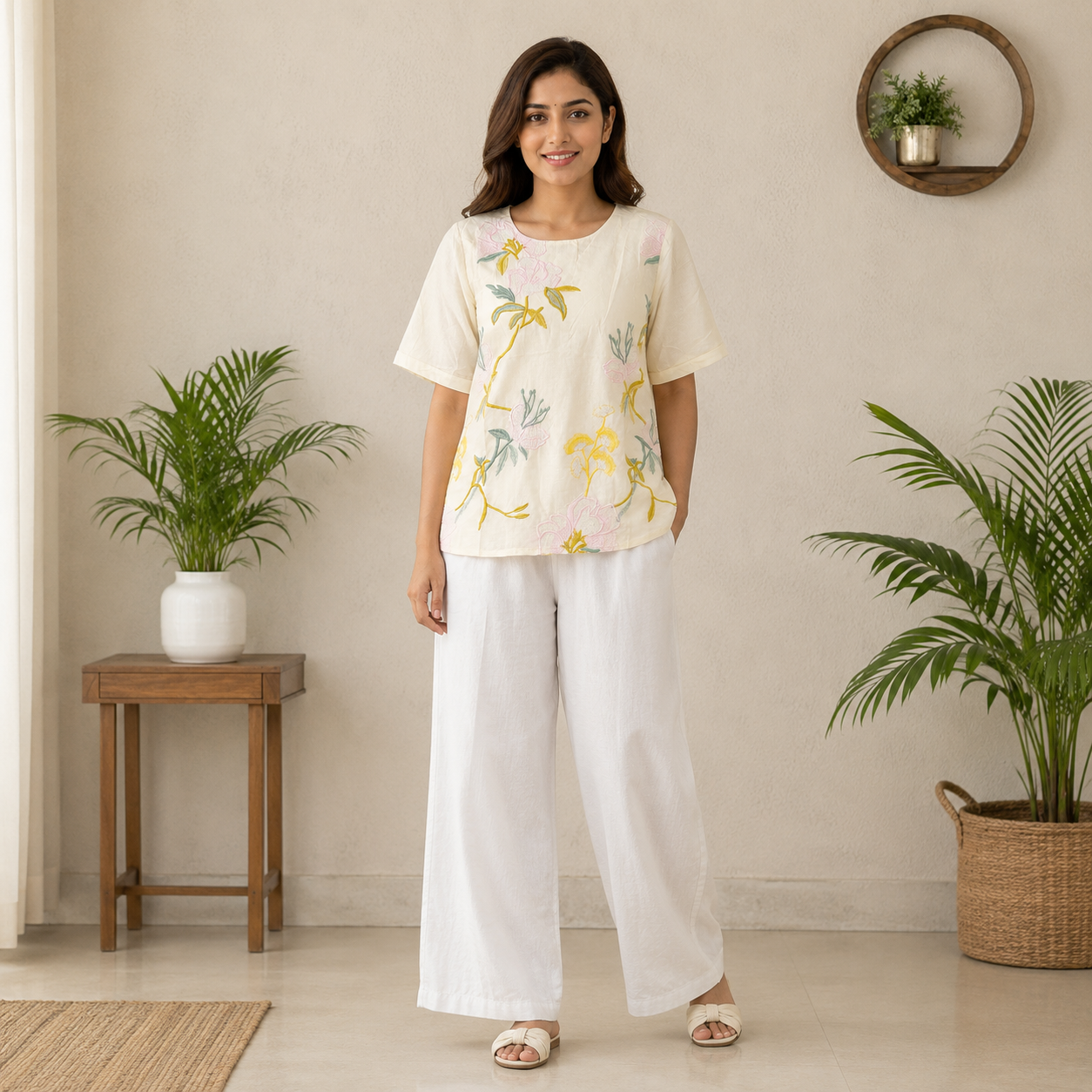 Off White Botanical Embroidered Top