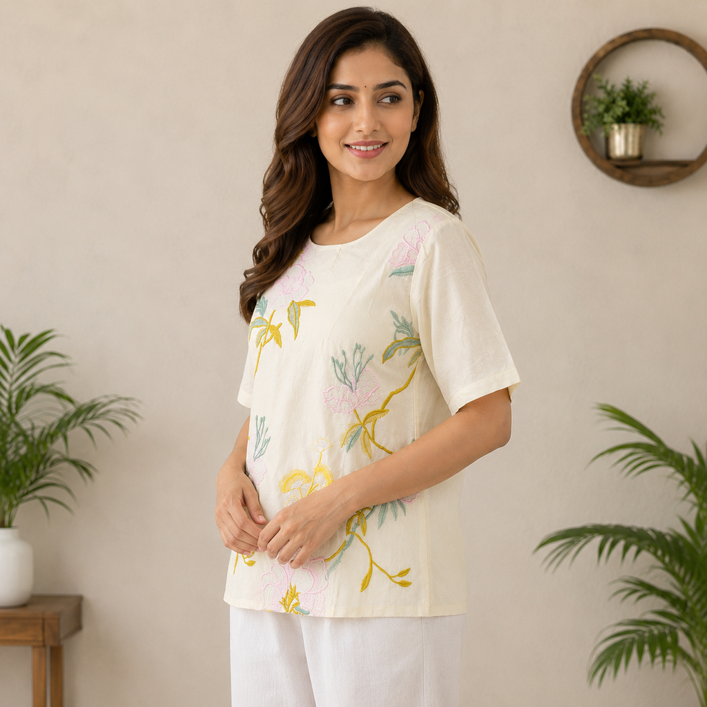 Off White Botanical Embroidered Top