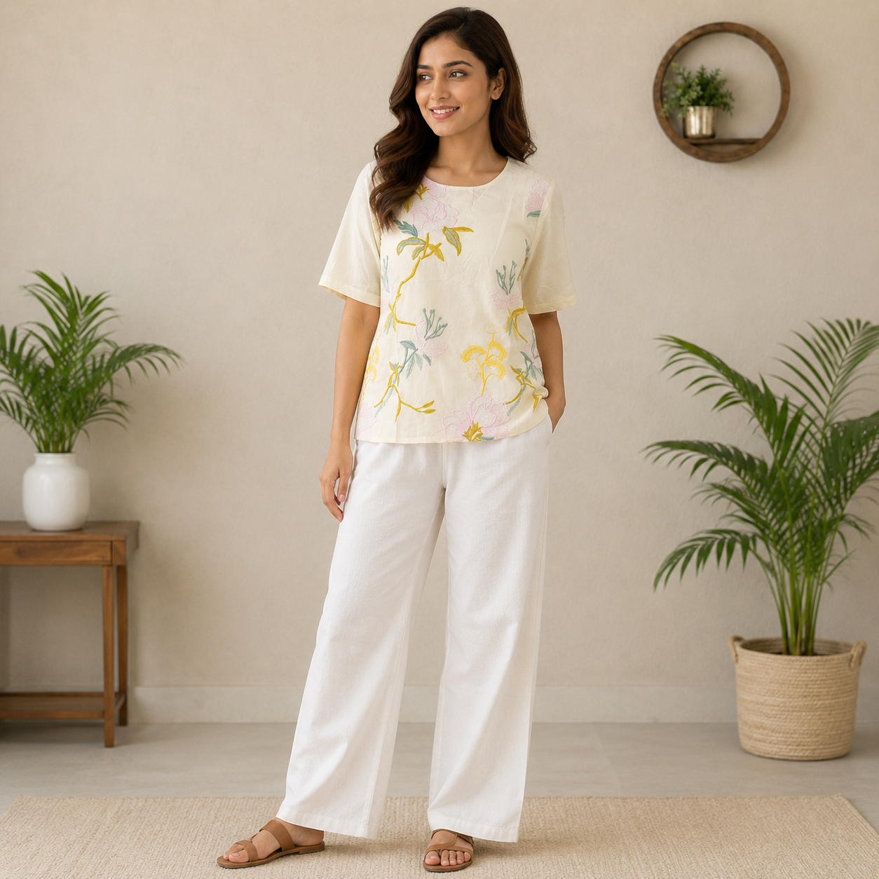 Off White Botanical Embroidered Top