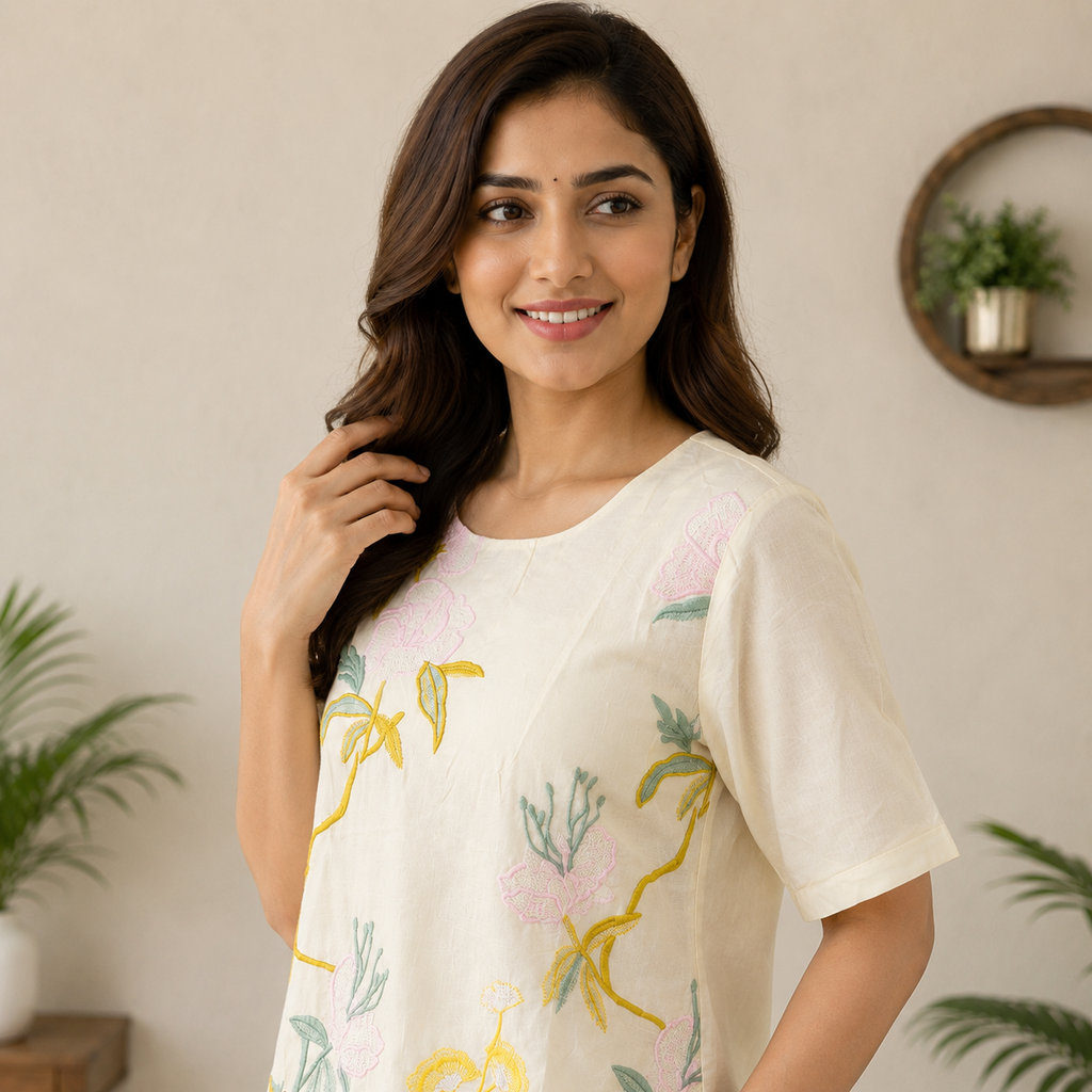 Off White Botanical Embroidered Top